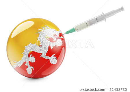 Syringe with Bhutanese flag. Vaccination in Bhutan concept, 3D rendering Syringe with Bhutanese flag. Vaccination in Bhutan concept, 3D rendering 81438780