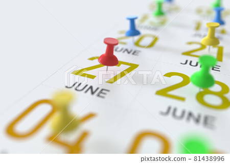 June 27 date and push pin on a calendar, 3D rendering June 27 date and push pin on a calendar, 3D rendering 81438996