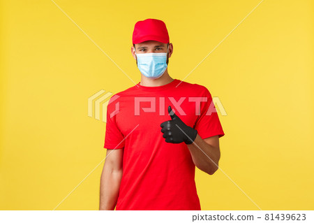 Express delivery during pandemic, covid-19, safe shipping, online shopping concept. Courier provide excellent and fast mail delivery or shipping, show thumb-up, encourage call their service company Express delivery during pandemic, covid-19, safe shipping, online shopping concept. Courier provide excellent and fast mail delivery or shipping, show thumb-up, encourage call their service company 81439623