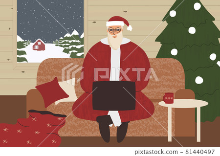 Santa Clause sits on the sofa with laptop in wooden house. Online video conference with families and children at Christmas time. Vector illustration 81440497