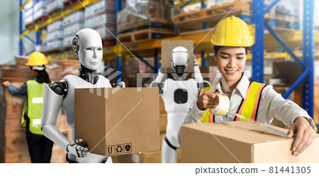 Innovative industry robot working in warehouse together with human worker 81441305
