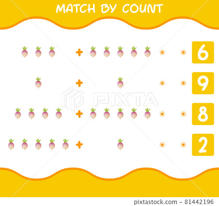 Match by count of cartoon turnip. Match and count game. Educational game for pre shool years kids and toddlers Match by count of cartoon turnip. Match and count game. Educational game for pre shool years kids and toddlers 81442196