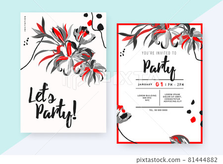 Floral party invitation card template design, Cananga odorata, Amsoniain, tulip, Magnolia champaca Floral party invitation card template design, Cananga odorata, Amsoniain, tulip, Magnolia champaca 81444882