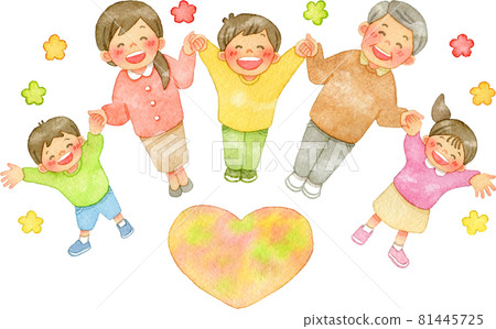 Watercolor illustration of smiling people holding hands (with hearts and flower decoration) 81445725