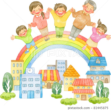 Watercolor illustration of smiling people holding hands and a cityscape with a rainbow 81445875