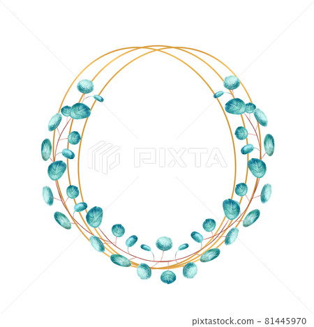 Golden oval frame framed by green eucalyptus leaves on a white isolated background. Watercolor illustration Golden oval frame framed by green eucalyptus leaves on a white isolated background. Watercolor illustration 81445970