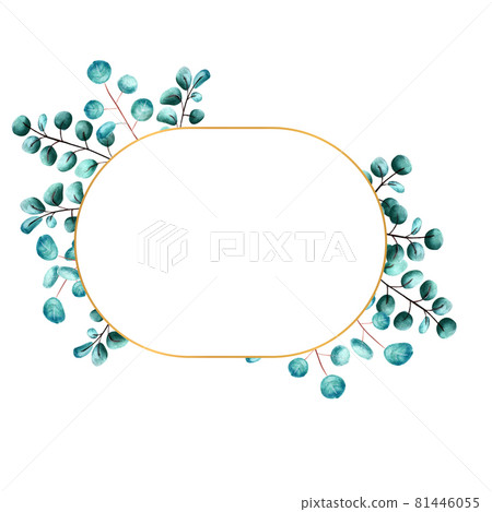 Golden oval frame framed by green eucalyptus leaves on a white isolated background. Watercolor illustration 81446055