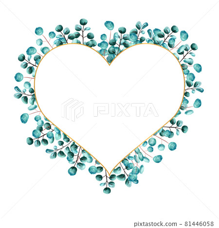 Golden heart-shaped frame framed by green eucalyptus leaves on a white isolated background. Watercolor illustration Golden heart-shaped frame framed by green eucalyptus leaves on a white isolated background. Watercolor illustration 81446058