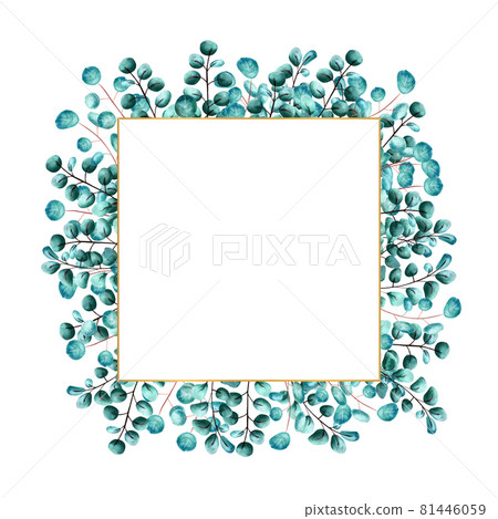 Golden square frame framed by green eucalyptus leaves on a white isolated background. Watercolor illustration Golden square frame framed by green eucalyptus leaves on a white isolated background. Watercolor illustration 81446059