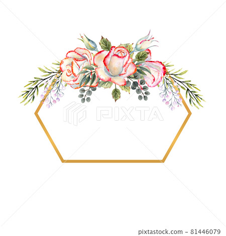 Golden geometric frame with a bouquet of white roses with leaves, decorative twigs and berries. Watercolor illustration for logos, invitations, greeting cards 81446079