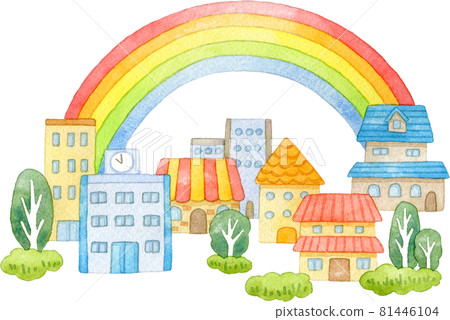 Watercolor illustration of a cityscape with a rainbow Watercolor illustration of a cityscape with a rainbow 81446104
