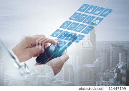 Doctor woman using smartphone with data network digital connect cityscape background. Doctor woman using smartphone with data network digital connect cityscape background. 81447199