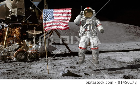 3D rendering. Astronaut saluting the American flag. CG Animation. Elements of this image furnished by NASA. 81450178