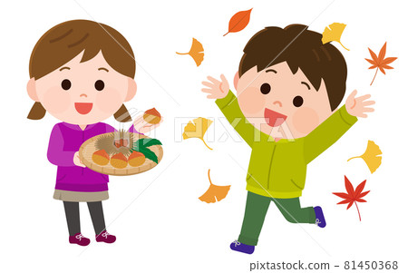 Autumn image: Boy playing with fallen leaves, girl picking up chestnuts, illustration 81450368