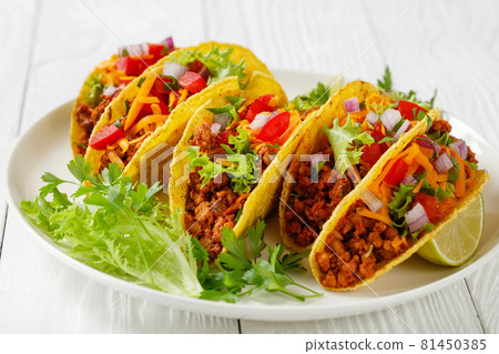 Ground Beef Tacos on a plate, top view Ground Beef Tacos on a plate, top view 81450385