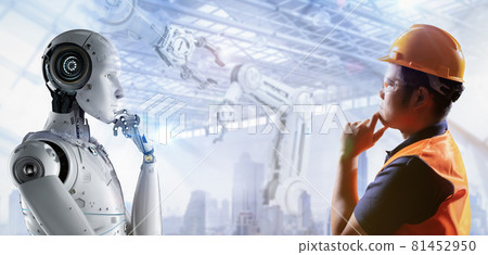 Technician or engineer work with robot in factory Technician or engineer work with robot in factory 81452950