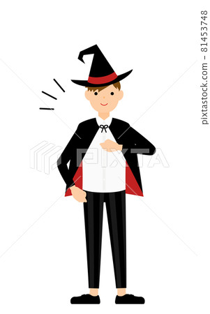 萬聖節服裝，一個扮成女巫的男孩正在打他的胸口 81453748