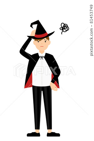 萬聖節服裝，一個扮成女巫的男孩把手放在頭上，遇到了麻煩 81453749