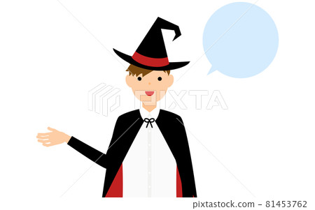 萬聖節服裝，一個男孩打扮成女巫的姿勢，伸出右手說話（帶有講話泡泡） 81453762