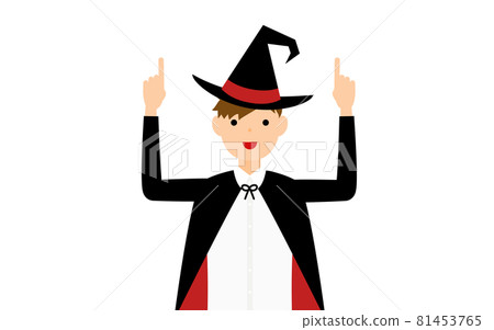 萬聖節服裝，一個男孩打扮成女巫的姿勢，雙手指著 81453765