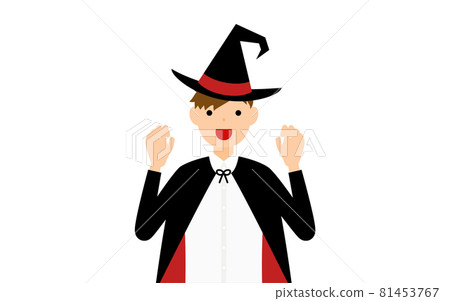 萬聖節服裝，這個姿勢讓一個打扮成女巫的男孩感到驚訝，手牽著手 81453767