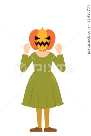 萬聖節服裝，一個讓南瓜鬼中的女孩驚訝的姿勢，手牽著手 81453773