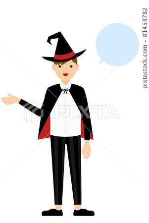 Halloween costume, a pose of a boy dressed as a witch talking with his right hand out (with a speech bubble) 81453782