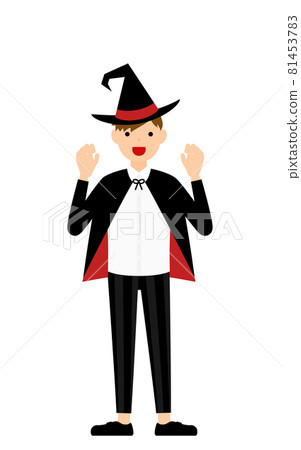 萬聖節服裝，這個姿勢讓一個打扮成女巫的男孩感到驚訝，手牽著手 81453783