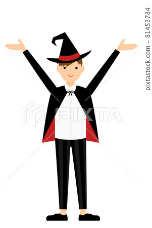 萬聖節服裝，一個男孩打扮成巫婆舉起雙臂的姿勢 81453784
