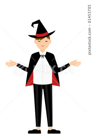 萬聖節服裝，一個男孩打扮成女巫張開雙臂的姿勢 81453785