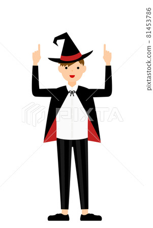 萬聖節服裝，一個男孩打扮成女巫的姿勢，雙手指著 81453786