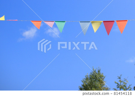 Colorful flag floating in the blue sky 81454118