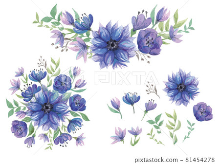 設置藍色花束水彩插圖復古花卉模板矢量素材 81454278