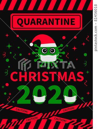 Quarantine Christmas lettering with cute cartoon virus wearing mask. Winter holidays in coronavirus COVID-19 pandemic. Vector template for typography poster, banner, greeting card. etc Quarantine Christmas lettering with cute cartoon virus wearing mask. Winter holidays in coronavirus COVID-19 pandemic. Vector template for typography poster, banner, greeting card. etc 81456018