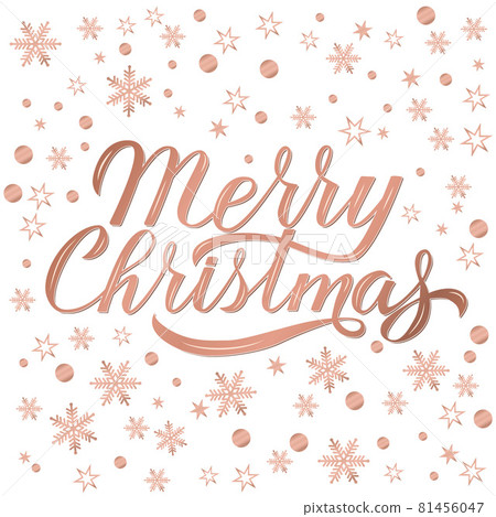Merry Christmas greeting card. Hand drawn lettering. Rose gold Holidays pattern with snowflakes and dots. Christmas party typography poster Merry Christmas greeting card. Hand drawn lettering. Rose gold Holidays pattern with snowflakes and dots. Christmas party typography poster 81456047
