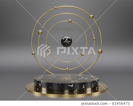 Marble pedestals or podiums with golden frames and decor 3d rendering 81456473