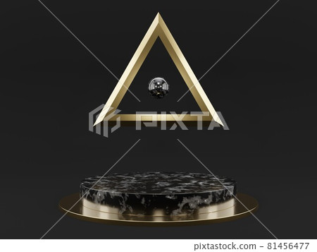 Marble pedestals or podiums with golden frames and decor 3d rendering 81456477