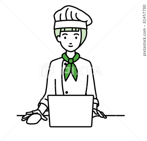 A cook woman sitting at a desk and using a PC A cook woman sitting at a desk and using a PC 81457780