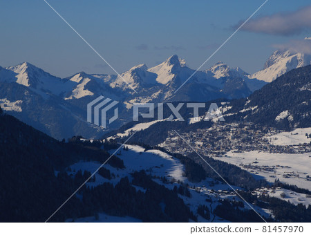 Village Leysin in winter, view from Isenau. Village Leysin in winter, view from Isenau. 81457970