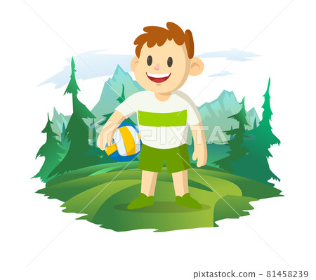 Smiling young boy, football or volleyball player. Mountain landscape and forest in the background. Cartoon character. Sport and fitness. Colorful cartoon vector illustration, isolated on white. Smiling young boy, football or volleyball player. Mountain landscape and forest in the background. Cartoon character. Sport and fitness. Colorful cartoon vector illustration, isolated on white. 81458239