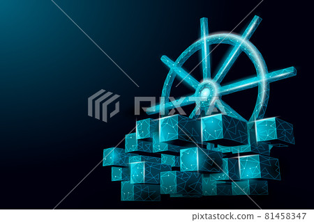 Wheel helm on container computer developer app concept. Business digital open source program. Data coding steering 3D low polygonal vector line illustration Wheel helm on container computer developer app concept. Business digital open source program. Data coding steering 3D low polygonal vector line illustration 81458347