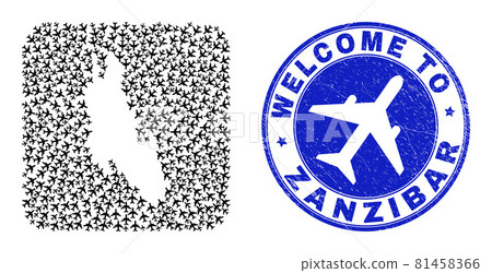 Welcome Watermark Stamp Seal and Zanzibar Island Map Aero Inverted Mosaic 81458366