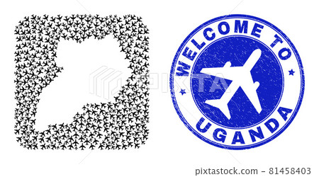 Welcome Grunge Stamp and Uganda Map Aircraft Inverted Mosaic 81458403