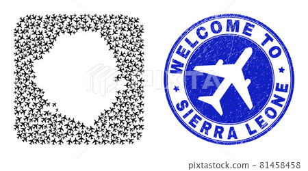 Welcome Scratched Stamp and Sierra Leone Map Air Flight Inverted Mosaic 81458458