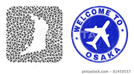 Welcome Grunge Stamp Seal and Osaka Prefecture Map Air Vehicle Inverted Mosaic Welcome Grunge Stamp Seal and Osaka Prefecture Map Air Vehicle Inverted Mosaic 81458557