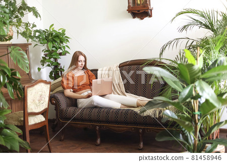 Woman browsing laptop on elegant sofa Woman browsing laptop on elegant sofa 81458946
