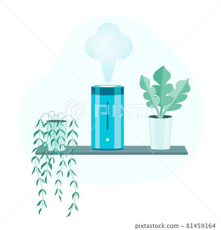Electric blue humidifier,Air at home.household appliance and a potted plant, flat cartoon vector illustration isolated on white background. 81459164