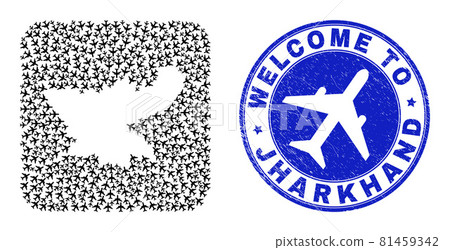 Welcome Scratched Stamp Seal and Jharkhand State Map Air Fly Subtracted Mosaic 81459342