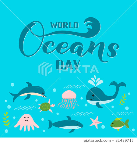 World Oceans Day calligraphy hand lettering with cute cartoon sea animals. Environment conservation concept. Vector template for typography poster, banner, flyer, sticker, logo, etc World Oceans Day calligraphy hand lettering with cute cartoon sea animals. Environment conservation concept. Vector template for typography poster, banner, flyer, sticker, logo, etc 81459715