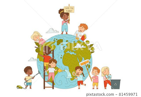 Little Kids Saving Planet Taking Care of Globe Rubbing It with Brush and Planting Trees Vector Illustration 81459971